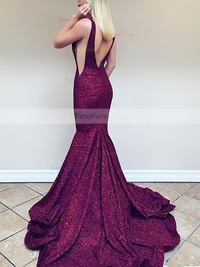 Trumpet/Mermaid V-neck Lace Sweep Train Prom Dresses #Favs020106406