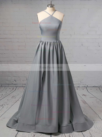 A-line Halter Silk-like Satin Sweep Train Prom Dresses #Favs020106379