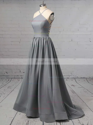 A-line Halter Silk-like Satin Sweep Train Prom Dresses #Favs020106379