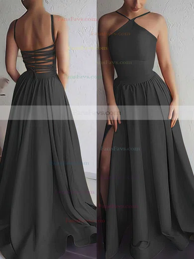 A-line Halter Silk-like Satin Sweep Train Prom Dresses #Favs020106379