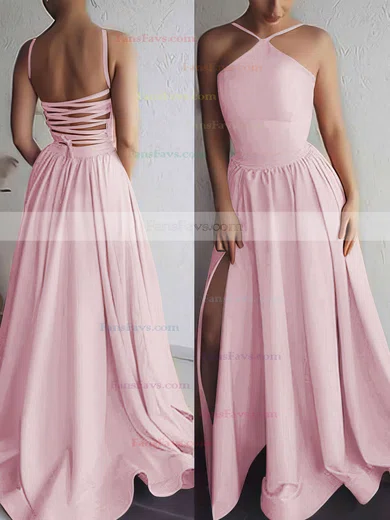 A-line Halter Silk-like Satin Sweep Train Prom Dresses #Favs020106379