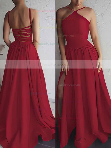 A-line Halter Silk-like Satin Sweep Train Prom Dresses #Favs020106379