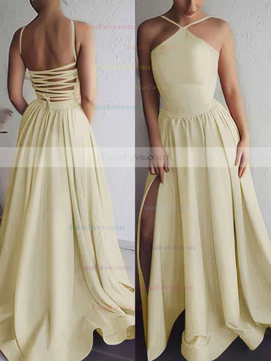 A-line Halter Silk-like Satin Sweep Train Prom Dresses #Favs020106379