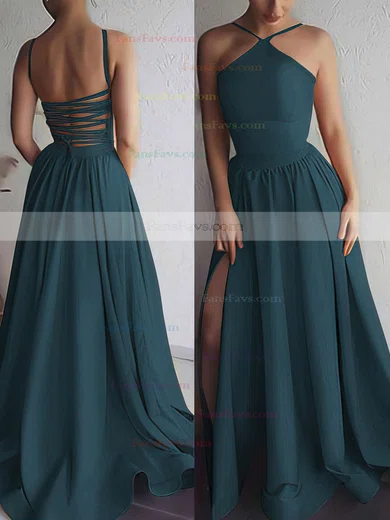 A-line Halter Silk-like Satin Sweep Train Prom Dresses #Favs020106379