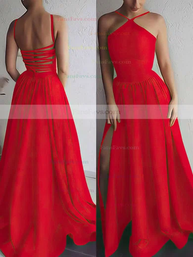 A-line Halter Silk-like Satin Sweep Train Prom Dresses #Favs020106379
