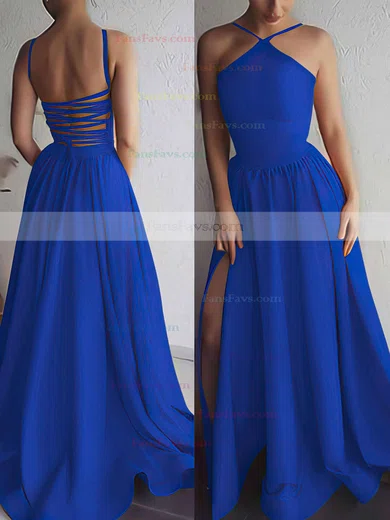 A-line Halter Silk-like Satin Sweep Train Prom Dresses #Favs020106379