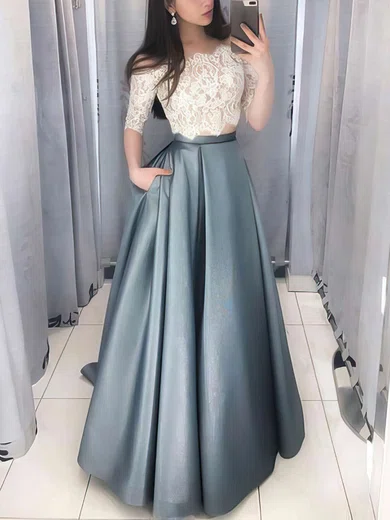 Ball Gown Off-the-shoulder Lace Satin Floor-length Pockets Prom Dresses #Favs020106380