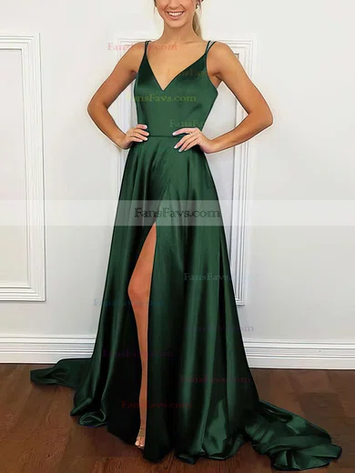 A-line V-neck Silk-like Satin Sweep Train Split Front Prom Dresses #Favs020106381