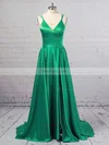 A-line V-neck Silk-like Satin Sweep Train Split Front Prom Dresses #Favs020106381