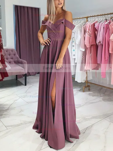 A-line Off-the-shoulder Silk-like Satin Floor-length Split Front Prom Dresses #Favs020106382