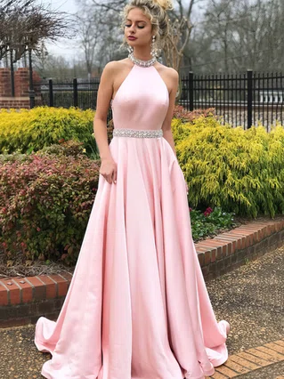 Princess Halter Satin Sweep Train Beading Prom Dresses #Favs020106383 Princess Halter Satin Sweep Train Beading Prom Dresses #Favs020106383