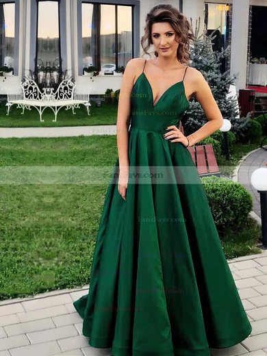 A-line V-neck Satin Floor-length Prom Dresses #Favs020106385