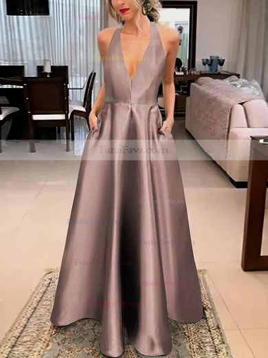 A-line V-neck Satin Floor-length Bow Prom Dresses #Favs020106389