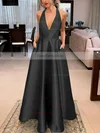 A-line V-neck Satin Floor-length Bow Prom Dresses #Favs020106389