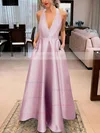 A-line V-neck Satin Floor-length Bow Prom Dresses #Favs020106389