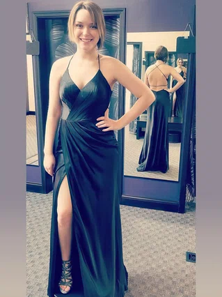 Sheath/Column V-neck Silk-like Satin Floor-length Split Front Prom Dresses #Favs020106391 Sheath/Column V-neck Silk-like Satin Floor-length Split Front Prom Dresses #Favs020106391