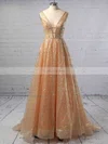 Ball Gown V-neck Sequined Sweep Train Beading Prom Dresses #Favs020106393