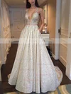 Ball Gown V-neck Sequined Sweep Train Beading Prom Dresses #Favs020106393