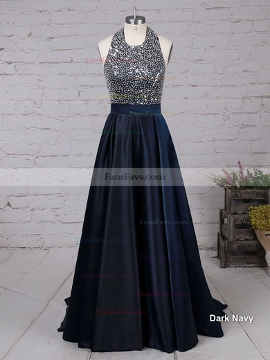 Princess Halter Satin Sweep Train Beading Prom Dresses #Favs020102435