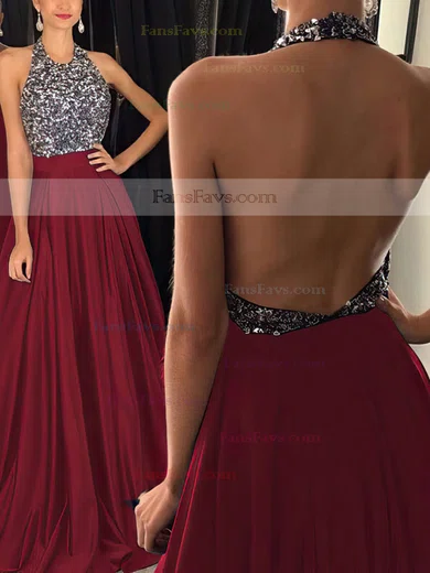 Princess Halter Satin Sweep Train Beading Prom Dresses #Favs020102435