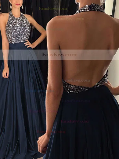 Princess Halter Satin Sweep Train Beading Prom Dresses #Favs020102435