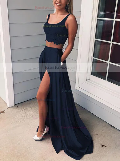 A-line Square Neckline Lace Silk-like Satin Sweep Train Pockets Prom Dresses #Favs020106398