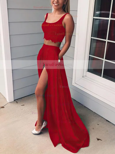 A-line Square Neckline Lace Silk-like Satin Sweep Train Pockets Prom Dresses #Favs020106398