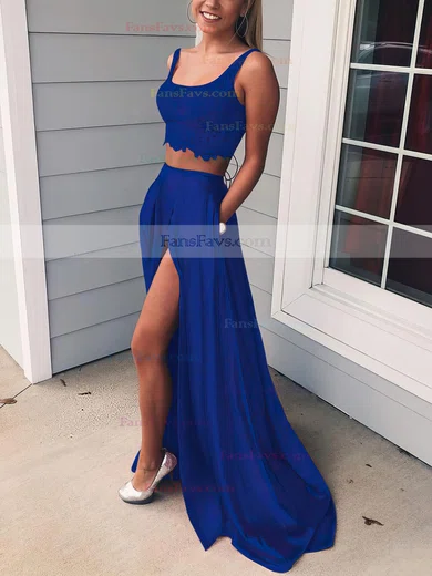 A-line Square Neckline Lace Silk-like Satin Sweep Train Pockets Prom Dresses #Favs020106398