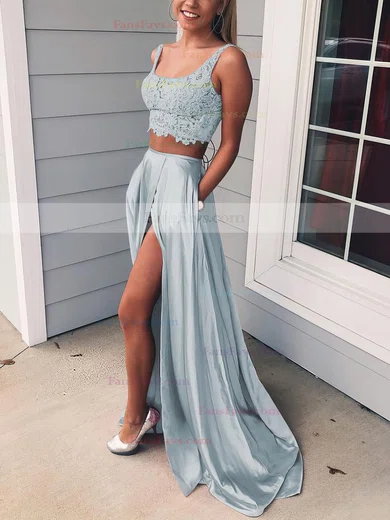 A-line Square Neckline Lace Silk-like Satin Sweep Train Pockets Prom Dresses #Favs020106398