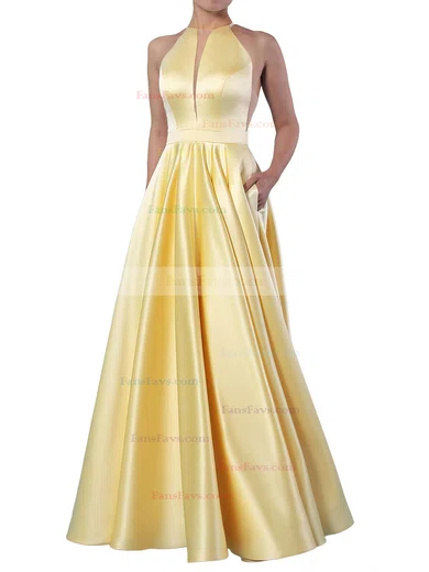 Princess Scoop Neck Satin Floor-length Pockets Prom Dresses #Favs020106399