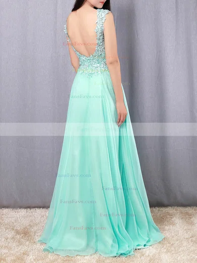 A-line Scoop Neck Chiffon Sweep Train Beading Prom Dresses #Favs020101059