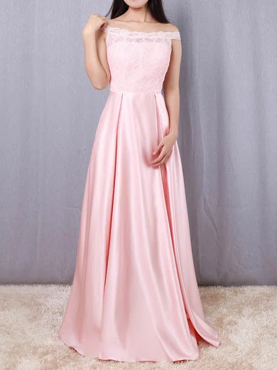 A-line Off-the-shoulder Lace Satin Floor-length Prom Dresses #Favs020105042