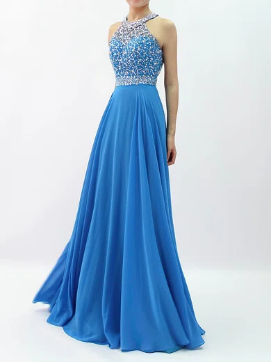 A-line Scoop Neck Chiffon Sweep Train Beading Prom Dresses #Favs020105056