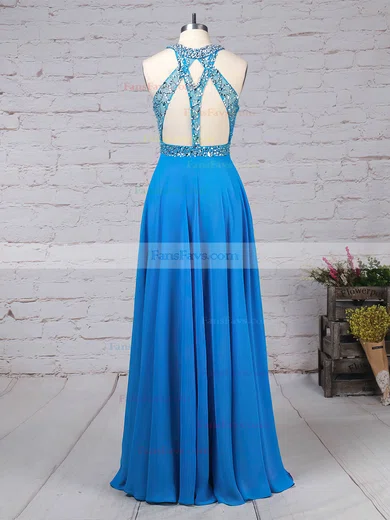 A-line Scoop Neck Chiffon Sweep Train Beading Prom Dresses #Favs020105056