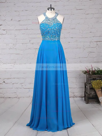A-line Scoop Neck Chiffon Sweep Train Beading Prom Dresses #Favs020105056