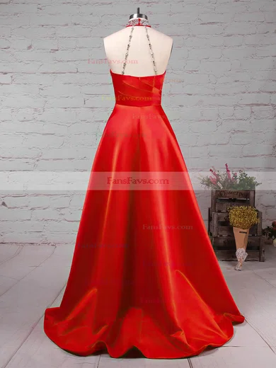 Princess High Neck Satin Sweep Train Beading Prom Dresses #Favs020105066