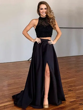 A-line High Neck Satin Sweep Train Beading Prom Dresses #Favs020102482