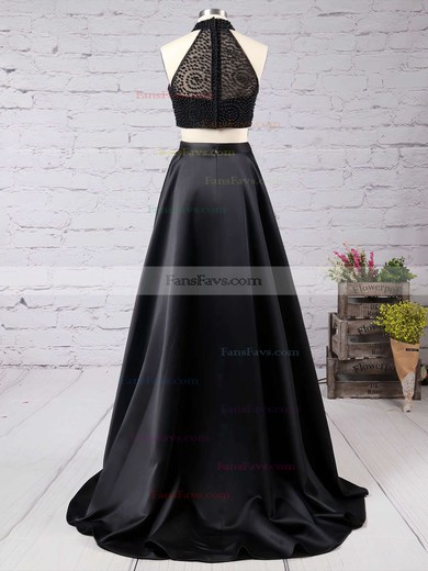 A-line High Neck Satin Sweep Train Beading Prom Dresses #Favs020102482
