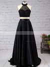 A-line High Neck Satin Sweep Train Beading Prom Dresses #Favs020102482