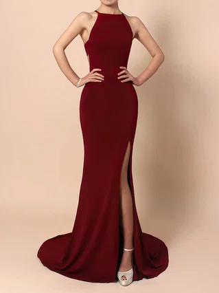 Trumpet/Mermaid Scoop Neck Jersey Sweep Train Split Front Prom Dresses #Favs020105838 Trumpet/Mermaid Scoop Neck Jersey Sweep Train Split Front Prom Dresses #Favs020105838