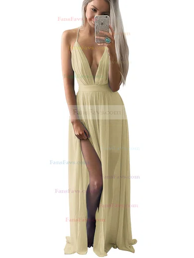 A-line V-neck Chiffon Floor-length Split Front Prom Dresses #Favs020102501