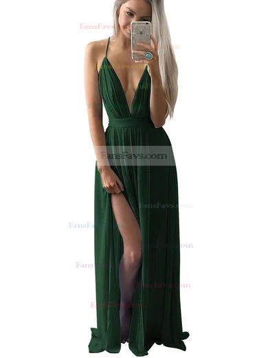 A-line V-neck Chiffon Floor-length Split Front Prom Dresses #Favs020102501