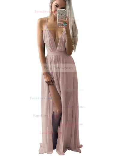 A-line V-neck Chiffon Floor-length Split Front Prom Dresses #Favs020102501