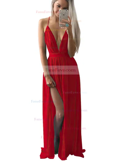 A-line V-neck Chiffon Floor-length Split Front Prom Dresses #Favs020102501