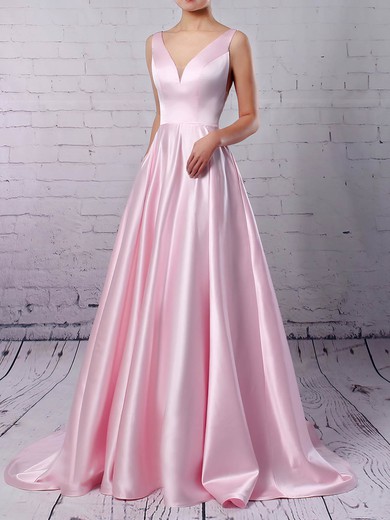 Princess V-neck Satin Sweep Train Pockets Prom Dresses #Favs020105849
