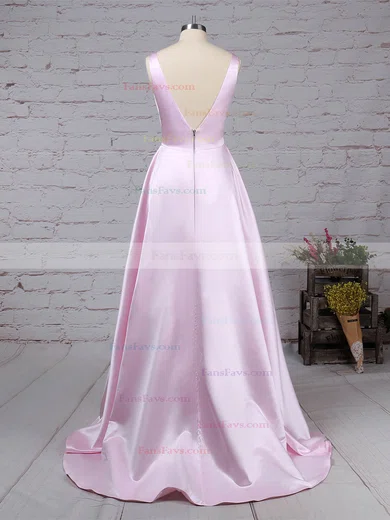 Princess V-neck Satin Sweep Train Pockets Prom Dresses #Favs020105849
