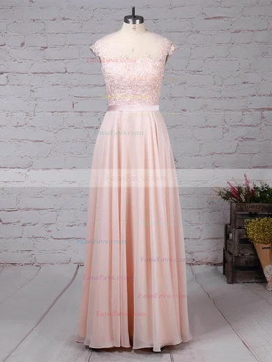 A-line Scoop Neck Chiffon Floor-length Appliques Lace Prom Dresses #Favs020105858