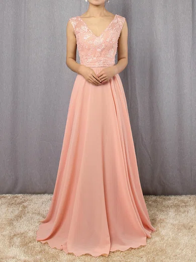 A-line V-neck Chiffon Floor-length Appliques Lace Prom Dresses #Favs020105892