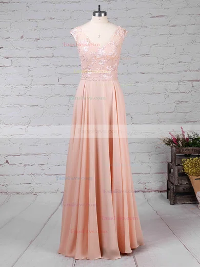 A-line V-neck Chiffon Floor-length Appliques Lace Prom Dresses #Favs020105892