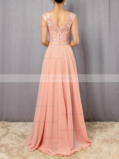 A-line V-neck Chiffon Floor-length Appliques Lace Prom Dresses #Favs020105892
